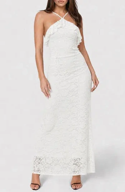 Bebe Lace Ruffle Halter Maxi Dress In White