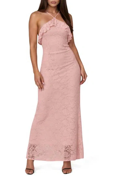 Bebe Lace Ruffle Halter Maxi Dress In Pink