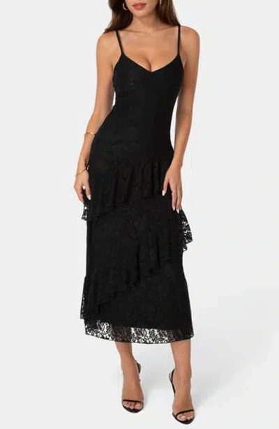 Bebe Lace Ruffle Maxi Dress In Black