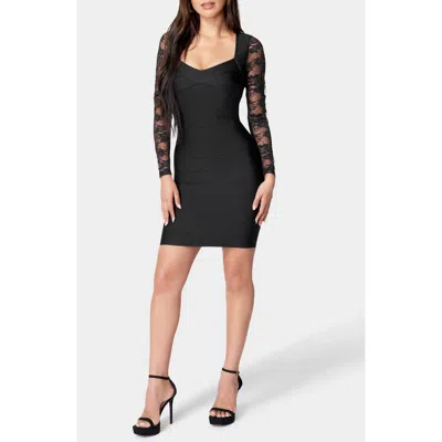 BEBE BEBE LACE SLEEVE BANDAGE MINIDRESS