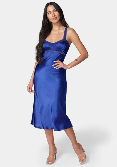 Bebe Lace Strap Satin Midi Slipdress In Blue