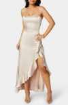 Bebe Lace-up Back Ruffle Satin Maxi Dress In Neutral