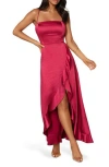 Bebe Lace-up Back Ruffle Satin Maxi Dress In Pink