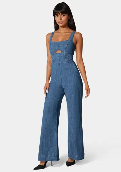 Bebe Lace Up Wide Leg Denim Jumpsuit In Medium Blue Wash