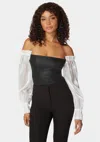 Bebe Liquid Chiffon Sleeve Coated Knit Bodysuit In Black,white Alyssum