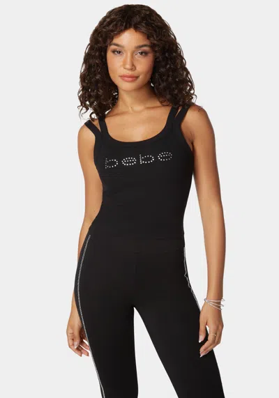 Bebe Logo Double Strap Single Stone Rib Top In Black