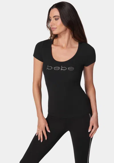 Bebe Logo Short Sleeve Scoop Neck Single Stone Rib Top In Black