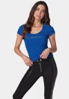 Bebe Logo Short Sleeve Scoop Neck Single Stone Rib Top In Galactic Cobalt