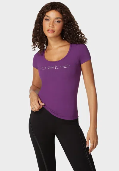 Bebe Logo Short Sleeve Scoop Neck Single Stone Rib Top In Imperial Purple