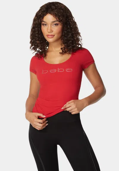 Bebe Logo Short Sleeve Scoop Neck Single Stone Rib Top In Salsa