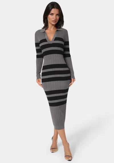 Bebe Long Sleeve Collar Striped Knit Dress In Gray