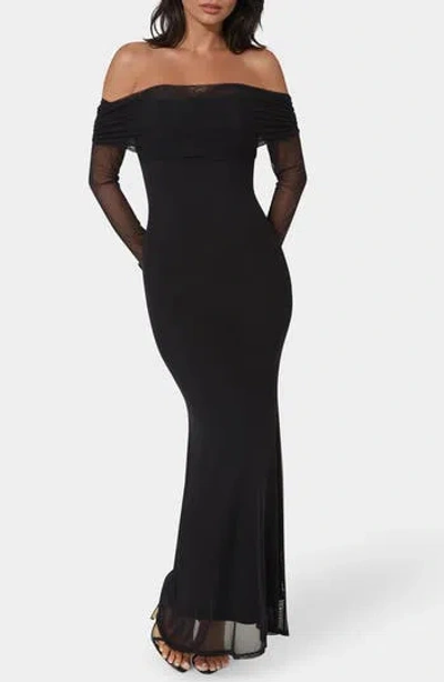 Bebe Long Sleeve Off-the-shoulder Maxi Dress In Black