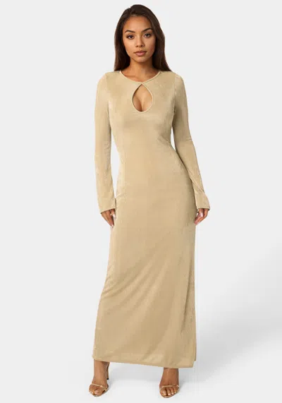 Bebe Long Sleeve Open Neck Slinky Maxi Dress In Brown