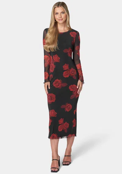 Bebe Long Sleeve Printed Powermesh Maxi In Black,red