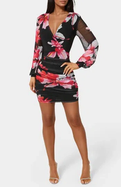 Bebe Long Sleeve Ruched Faux Wrap Minidress In Multi