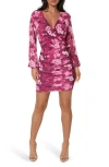 Bebe Long Sleeve Ruched Faux Wrap Minidress In Pink
