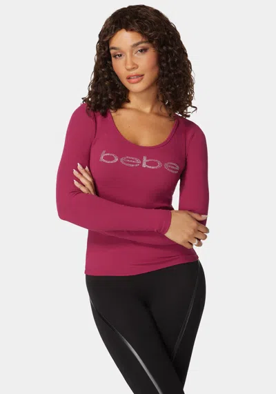 Bebe Long Sleeve Scoop Neck  Logo Rib Top In Raspberry Radiance