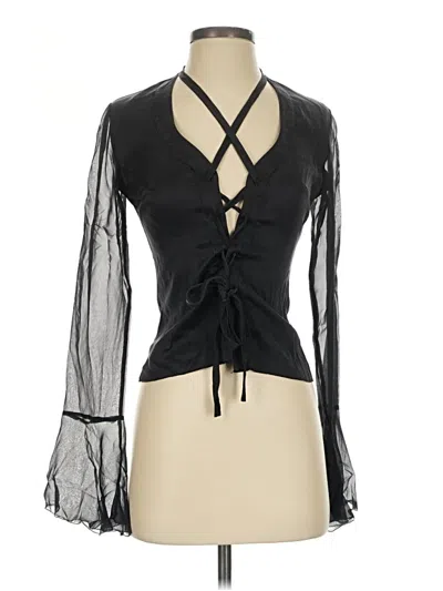 Pre-owned Bebe Long Sleeve Silk Top Black Plunge Neckline Tops