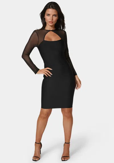 Bebe Longsleeve Mesh Peek A Boo Bandage Dress In Black