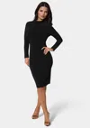 Bebe Low Back Mock Neck Long Sleeve Midi Dress In Black