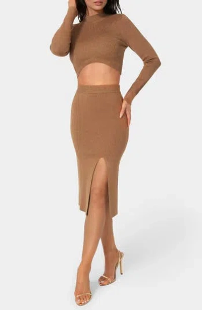 Bebe Lurex Rib Knit Long Sleeve Top & Skirt Set In Brown