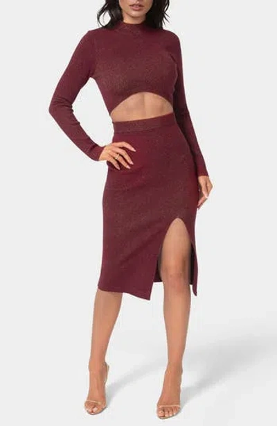Bebe Lurex Rib Knit Long Sleeve Top & Skirt Set In Burgundy