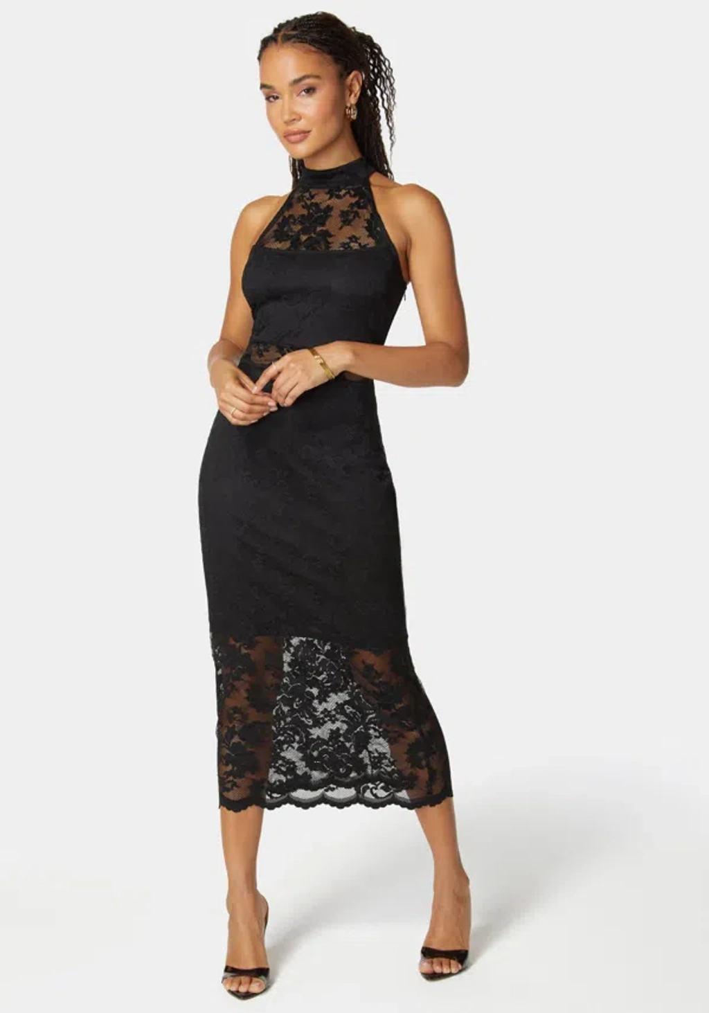 Bebe Marseille Lace Mock Neck Illusion Midi Dress In Black | ModeSens