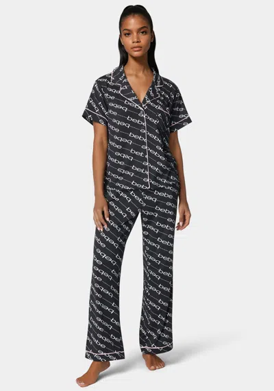 Bebe Marshmallow Printed Notch Collar Pant Set In Black Beauty