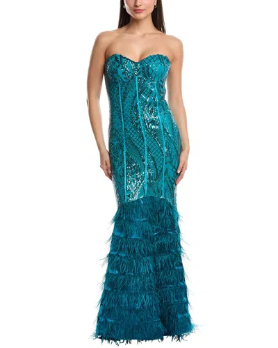 Bebe Sequin Feather Trim Strapless Gown In Crystal Teal