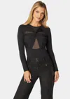Bebe Mesh Combo Front Twist Knit Bodysuit In Black