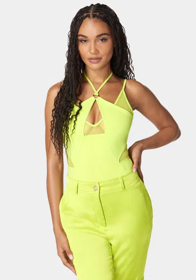 Bebe Mesh Combo Strappy Halter Bodysuit In Cyber Lime