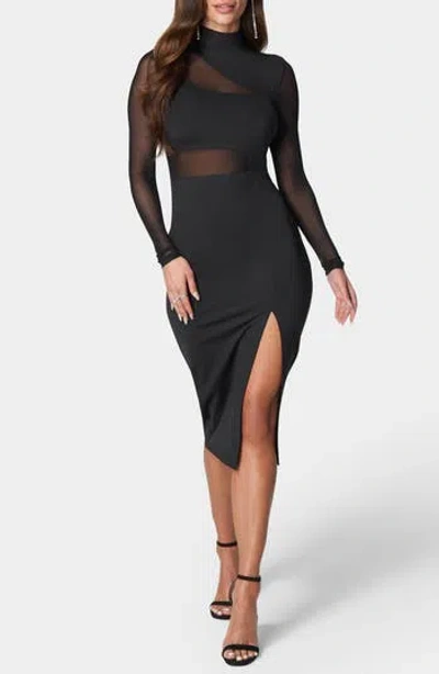 Bebe Mesh Inset Long Sleeve Knit Dress In Black