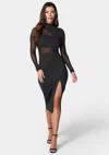 BEBE MESH INSET LONG SLEEVE MIDI DRESS