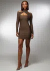 Bebe Mesh Overlay Bandage Dress In Chocolate