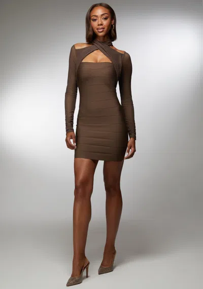 Bebe Mesh Overlay Bandage Dress In Chocolate