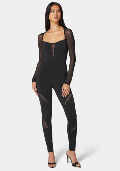 Bebe Mesh Sleeve Lace Insert Catsuit In Black