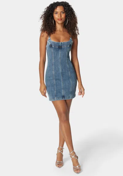 Bebe Metal Strap Detail Fitted Denim Dress In River Blue Wash