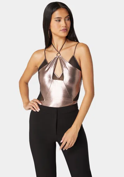 Bebe Metallic Foil Halter Neck Mesh Combo Bodysuit In Astro Dust