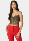 Bebe Metallic Foiled Scallop Edge Lace Corset In Black,gold