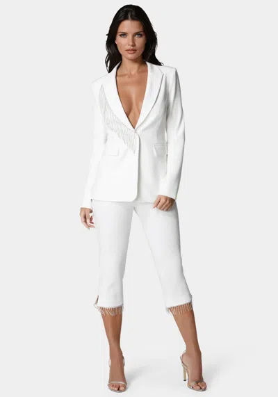 Bebe Mid Waist Rhinestone Fringe Capri In White Alyssum