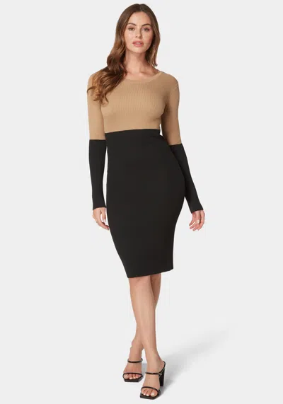 Bebe Midi Color Block Sweater Dress In Camel,black