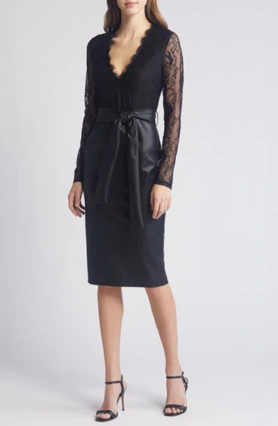 Bebe Mixed Media Long Sleeve Lace & Faux Leather Dress In Black