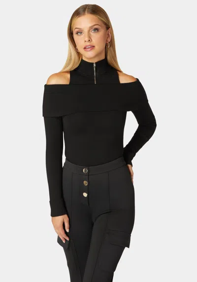 Bebe Mock Neck Zip Detail Cold Shoulder Sweater In Black
