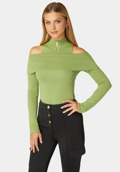 Bebe Mock Neck Zip Detail Cold Shoulder Sweater In Spinach Green