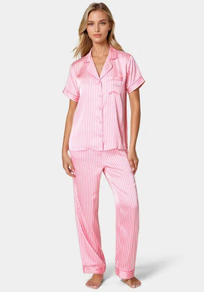 Bebe Notch Collar Silky Satin Sets In Aurora Pink