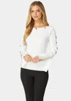 Bebe Off Shoulder Bateau Snapped Slit Sweater In White Alyssum