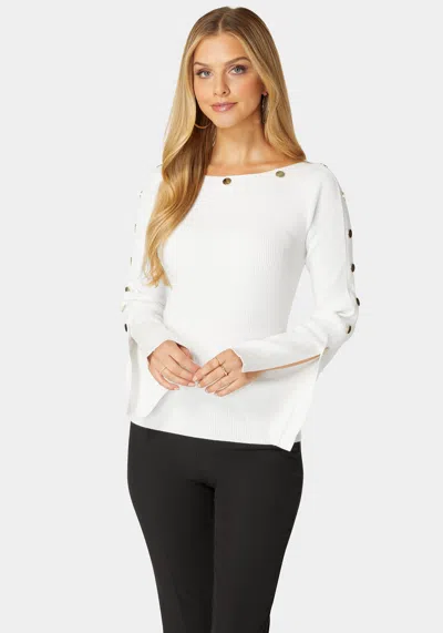 Bebe Off Shoulder Bateau Snapped Slit Sweater In White Alyssum