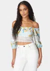 Shop Bebe Off Shoulder Crochet Lace Detail Linen Top In Bali Blooms Print