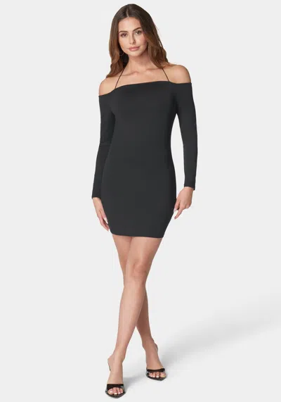 Bebe Off Shoulder Cross Neck Mini Dress In Black