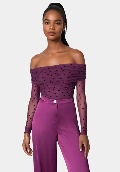 Bebe Off Shoulder Flocked Mesh Top In Dark Purple